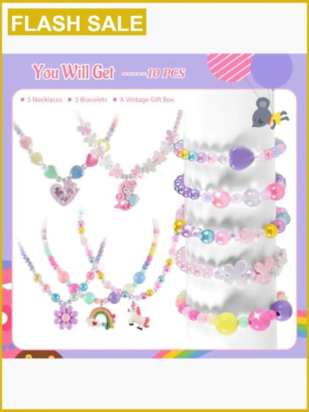 Kids Jewelry Set 10pc - Necklace Bracelet for Girls Dress Up Play